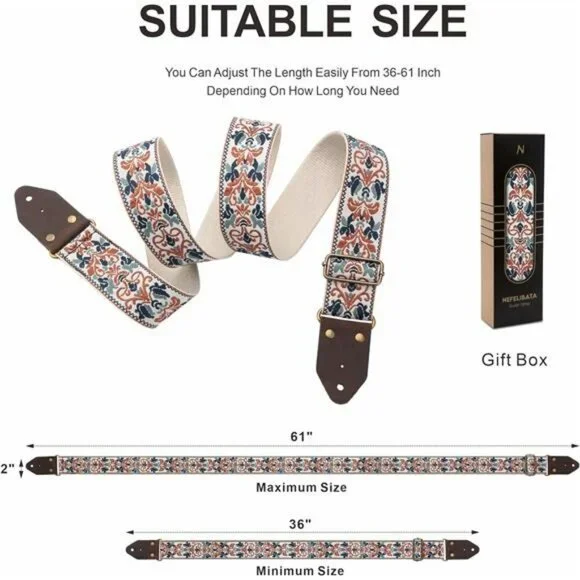 Jacquard embroidery guitar strap with leather ends adjustable for acoustic elect - Picture 6 of 7